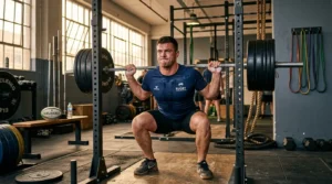 Homme soulevant une barre chargée lors d'un squat en salle.