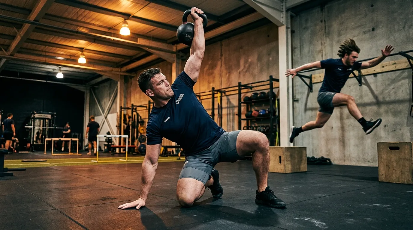 Entraînement intensif en CrossFit Homme effectue un exercice avec kettlebell en salle de sport