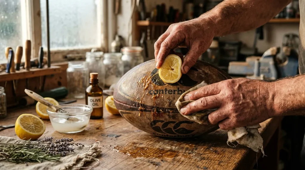 Mains d'artisan appliquant citron sur savon artisanal fait main
