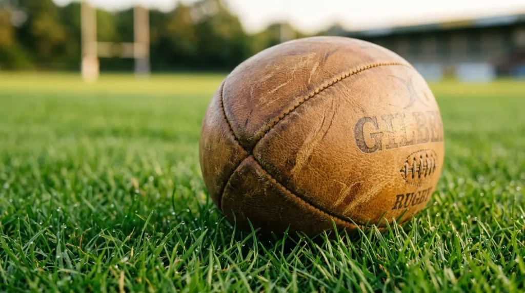 Ballon de rugby marron posé sur herbe verte