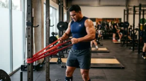 Homme musclé utilisant bandes élastiques rouges en salle sport