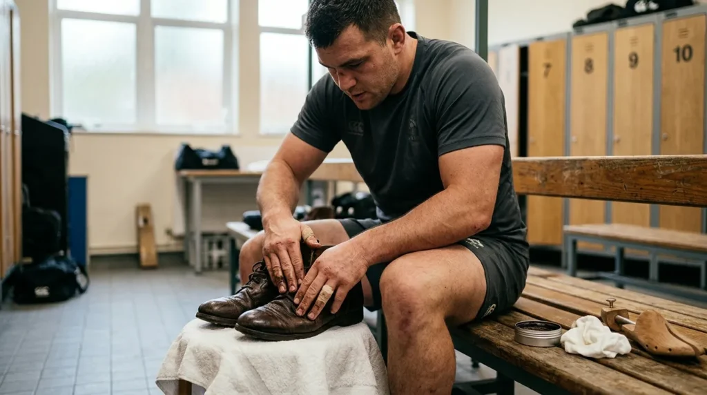 Soldat nettoie et cire ses chaussures de combat