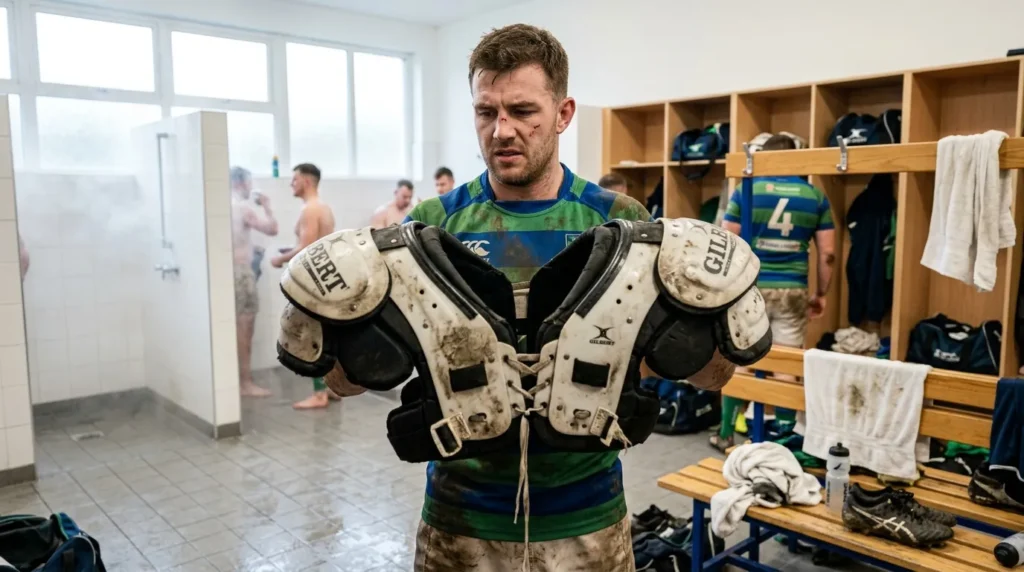 Athlète tenant ses protections de rugby en vestiaire