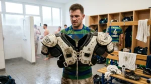 Athlète tenant ses protections de rugby en vestiaire