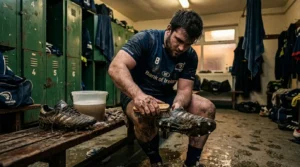 Rugbyman nettoie ses crampons boueux au vestiaire