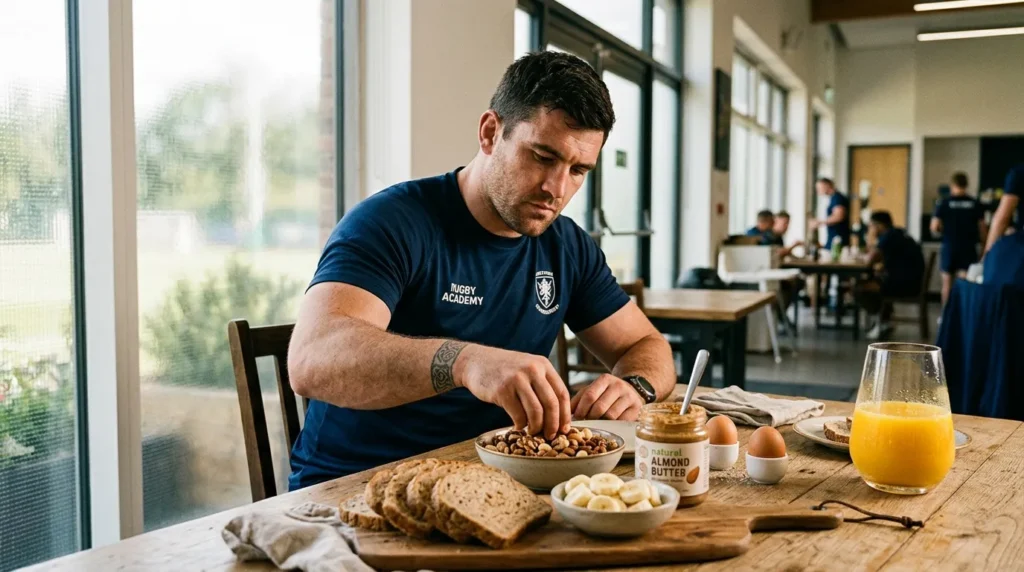 Athlète en tenue rugby prenant petit-déjeuner sain