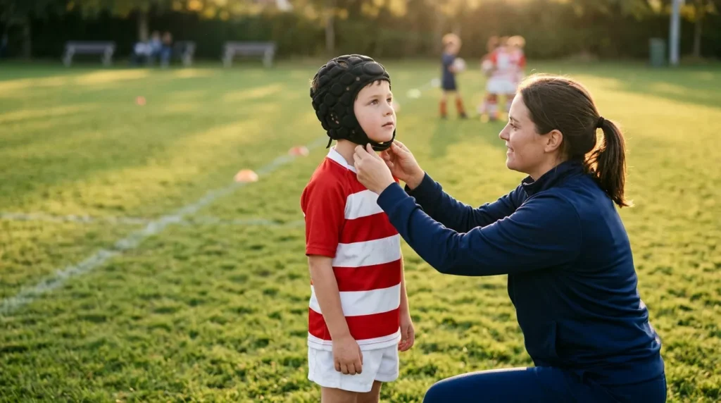 Entraîneur ajuste le casque de protection d'un jeune joueur de rugby