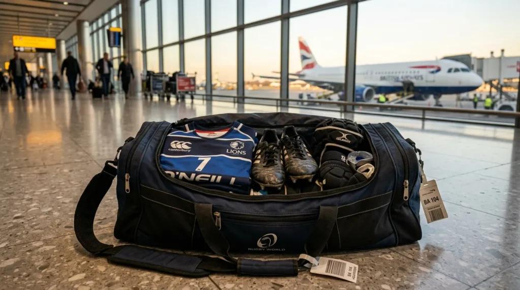 Sac de sport ouvert contenant maillot Lions et équipement rugby
