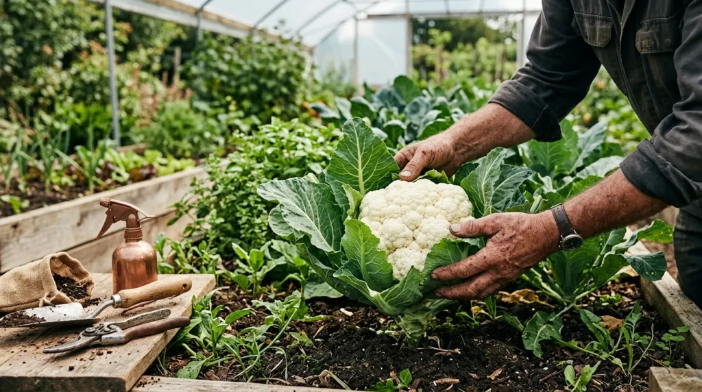 Mains de jardinier récoltant un chou-fleur blanc en serre.