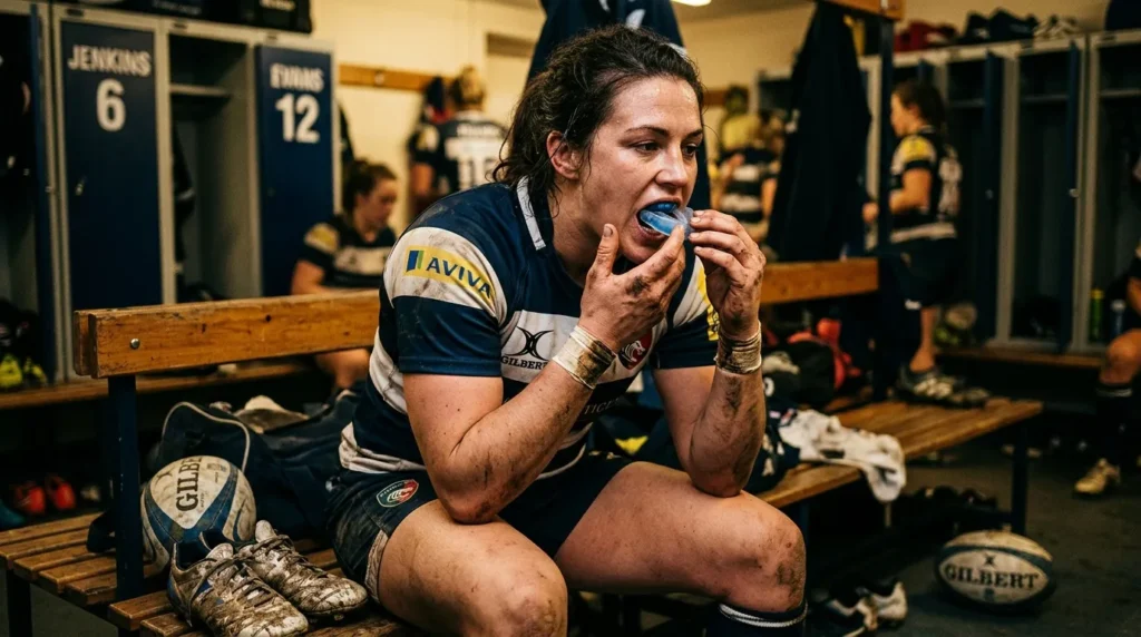 Joueuse de rugby en tenue d'équipe, assise au vestiaire