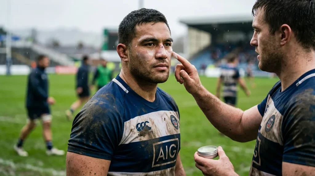 Joueur de rugby All Blacks soigné après match boueux
