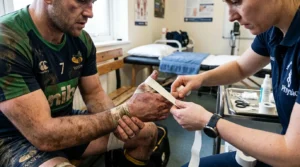 Professionnel de santé pansant le bras d'un sportif