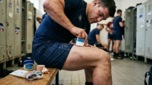 Athlète appliquant un baume sur sa jambe en vestiaire