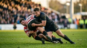 Joueur noir plaque adversaire en rouge blanc au rugby