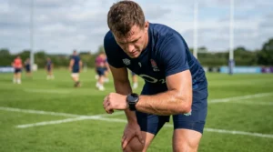 Joueur en maillot bleu consulte sa montre sur terrain rugby